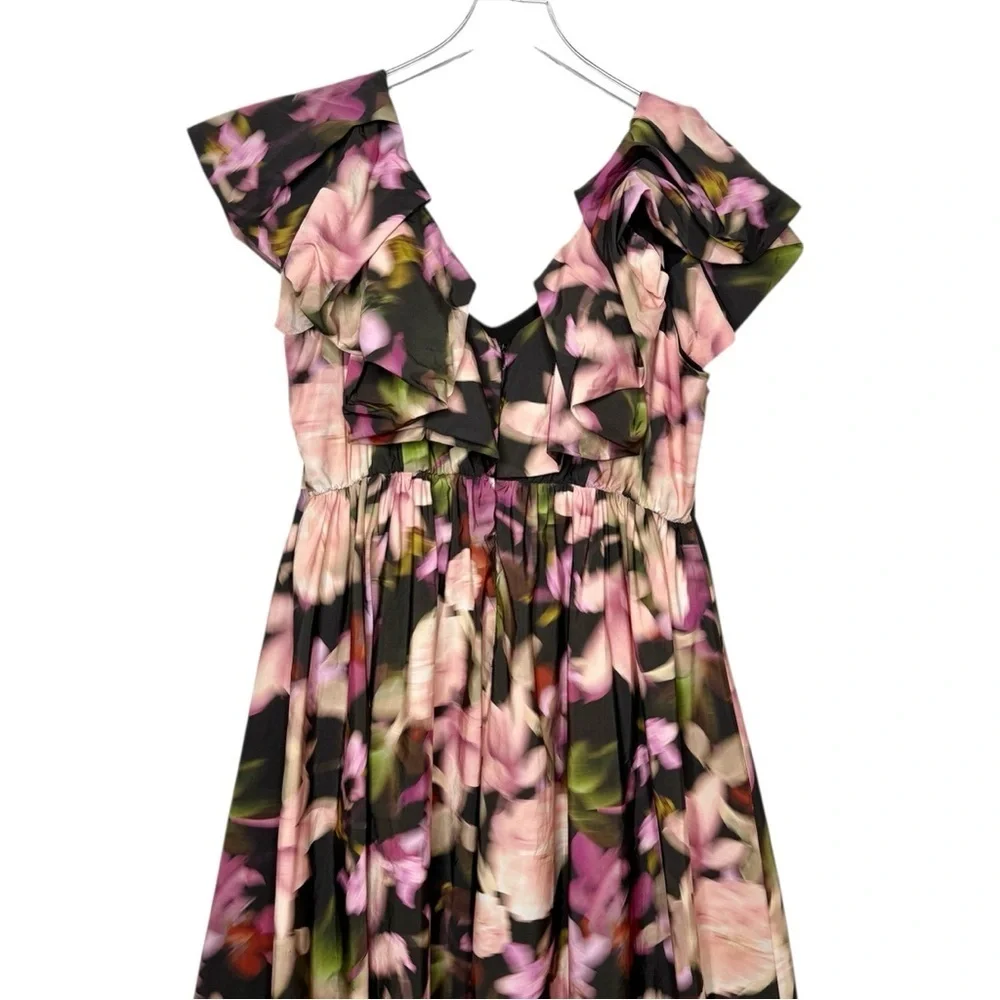 ELOQUII Ruffle Neckline Pink Moody Floral Women’s Midi Dress Sz 16